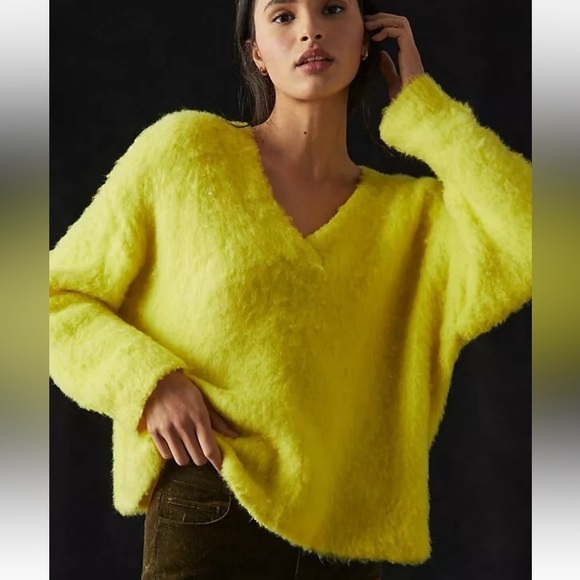 Maeve Anthropologie Simone V-Neck Plush Merino Wool Sweater Bright Yellow Small - Picture 3 of 16